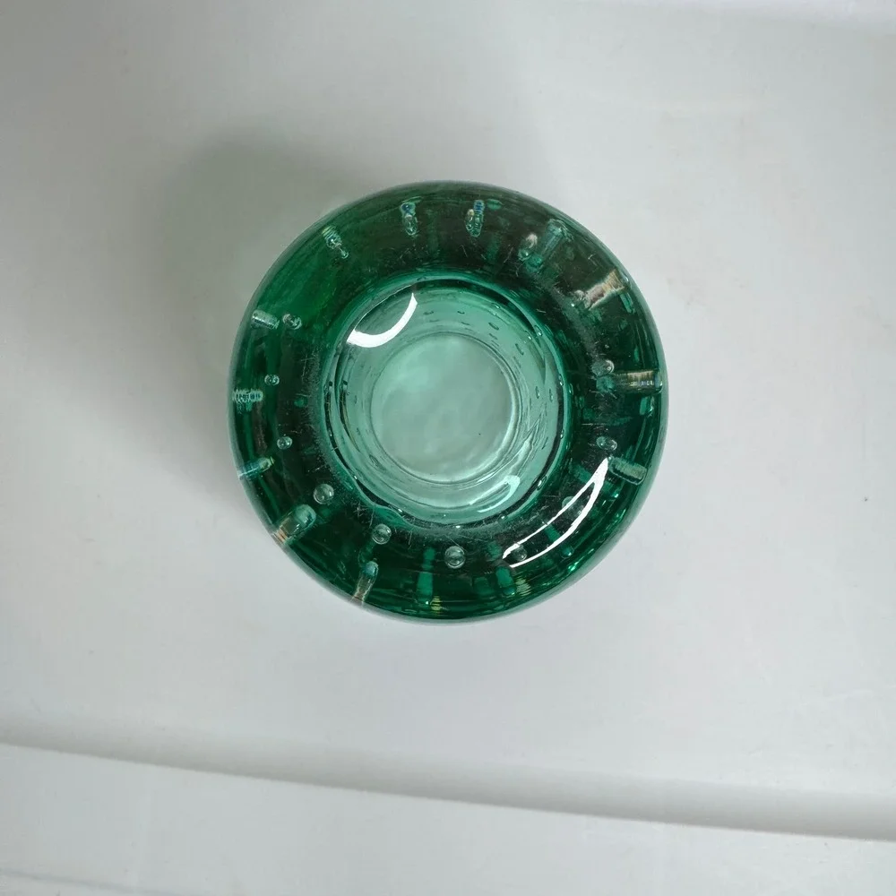 Vintage Green Hand Blown Bubble Glass Vase Heavy Bullicante Art Glass 6